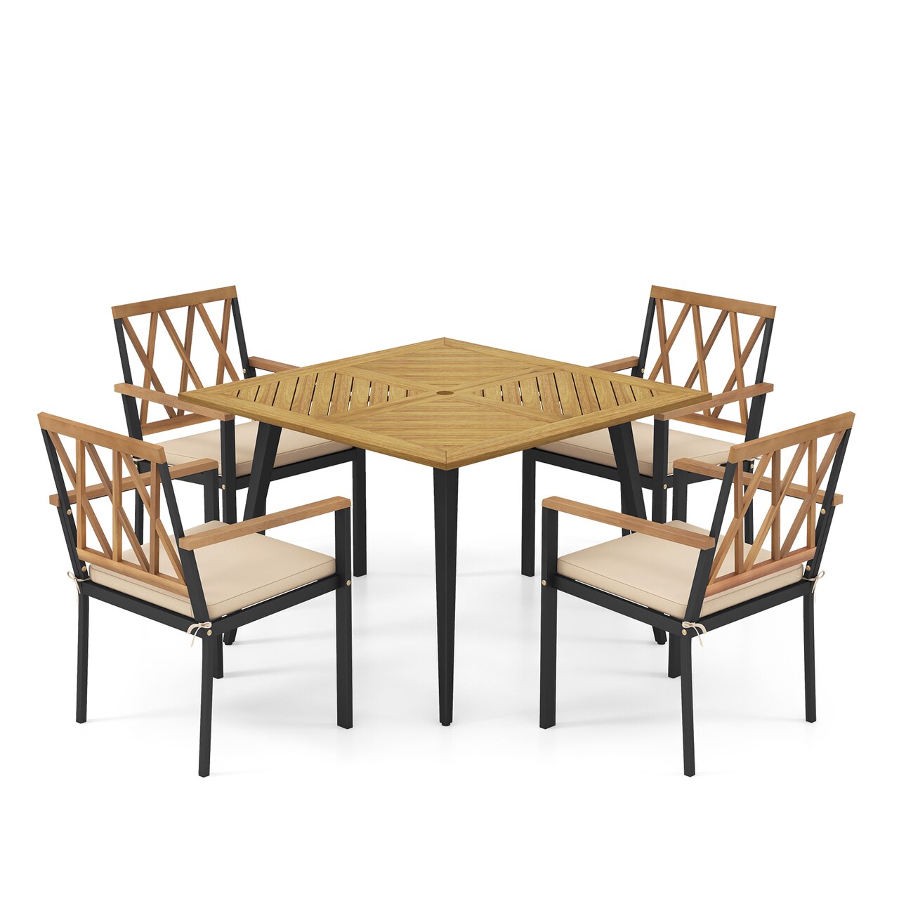 5-Piece Patio Dining Set Acacia Wood Table with Umbrella Hole and Cushioned Chairs Beige